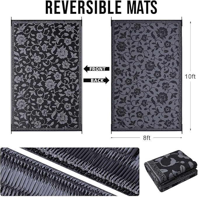 OLANLY Waterproof Outdoor Rug 8x10 ft, Outdoor Plastic Straw Rug with Flower Pattern, Reversible RV Mat for Patio, Camping, Balcony, Deck, Backyard, Black & Grey