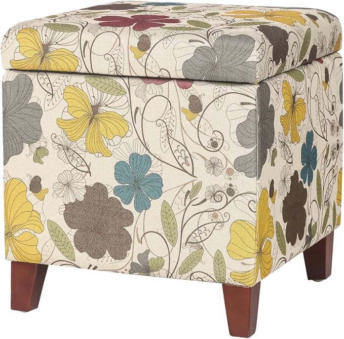 Adeco 18 Inch High Cube Ottoman Storage, Floral Printed Linen Chair Foot Stools, Upholstered Vanity Stool with Hinged Lid, Solid Wood Legs