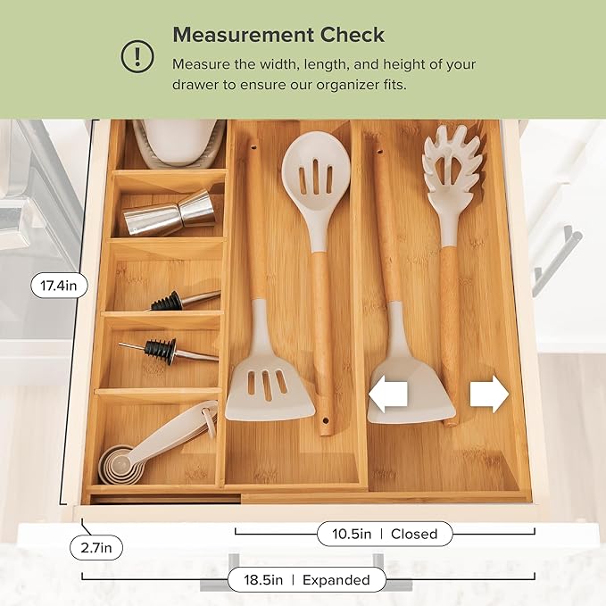 Adjustable Kitchen Drawer Organizer for Utensils and Junk, Food-Safe Contract Grade with 100% Sustainable Wood, Expandable from 10.5 to 19 Inches Wide - Natural Bamboo