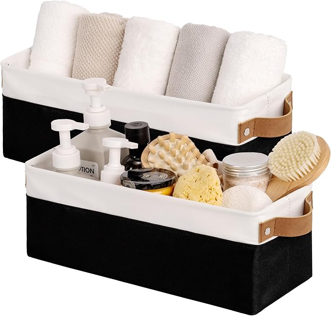 StorageWorks Narrow Storage Bins, Small Basket for Closet and Shelves, Fabric Organizer with Handles, Toilet Paper Storage, Black and White, 2-Pack