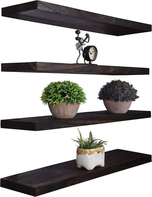 Wood Floating Shelves for Wall Decor, Rustic Wall Shelves for Bedroom Bathroom Kitchen Living Room, Set of 4 Walnut 24 Inch