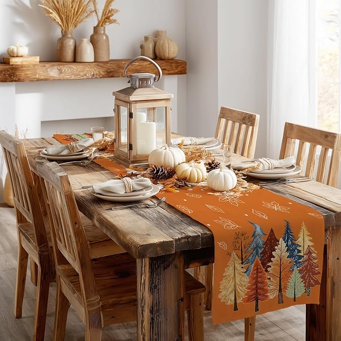 GEEORY Fall Watercolor Trees & Maple Leaves Table Runner 13x60 Inch, Rustic Farmhouse Autumn Thanksgiving Decor for Kitchen, Dining, Indoor/Outdoor Holiday Dinner Party Orange GT158-60