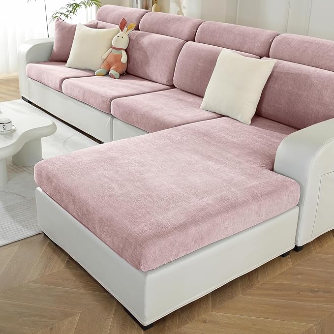 Sectional Couch Covers for L Shaped Sectional Sofa (Left or Right Facing) – Softer Chenille Sofa Covers Washable, Non-Slip Stretch Chaise Slipcover (Only 1PC Chaise Cushion Cover, Pale Pink)