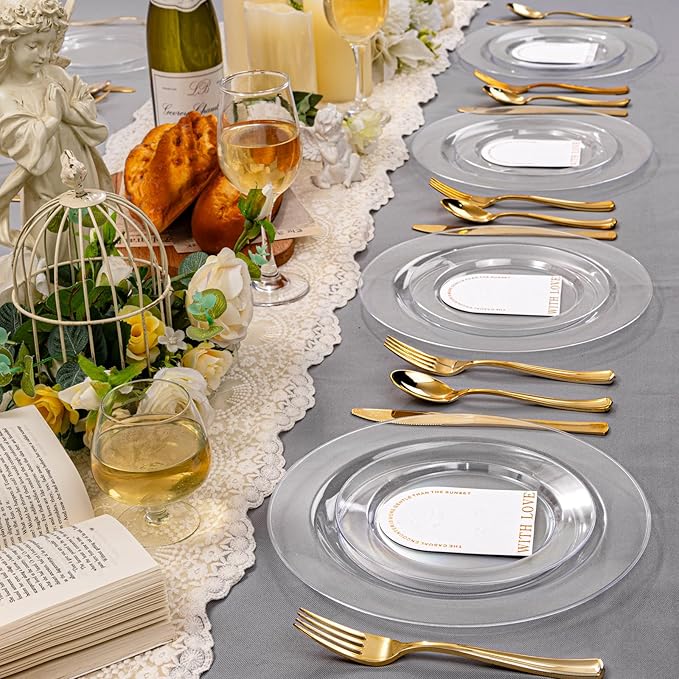 FLOWERCAT 60PCS Clear Plastic Plates - Disposable Clear Plates Heavy Duty for Party/Wedding/New Year - Include 30PCS 10.25inch Dinner Plates and 30PCS 7.5inch Dessert/Salad Plates