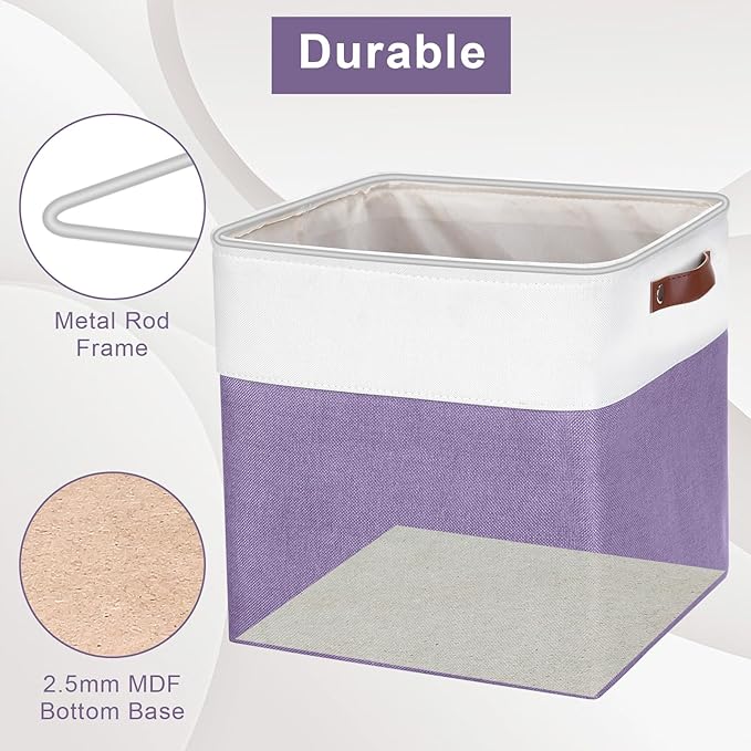 13x13 Cube Storage Bins, Collapsible Fabric Storage Box, 4 Pack Closet Baskets with Handles for Organizing, Shelf, Toys, Clothes, Home, Office, Nursery (Purple&White)