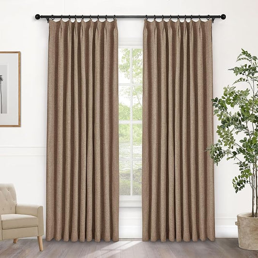 Macochico Pinch Pleated Blackout Curtains 102 Inches Long 100% Blackout Natural Linen Drapes for Bedroom Living Room Windows Farmhouse Burlap Curtains with Tieback 52”Wx102”L Taupe 1 Panel