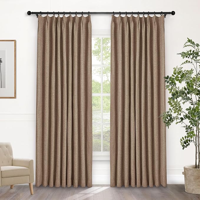Macochico 100% Blackout Pinch Pleated Linen Curtains 84 Inch Length Thermal Blackout Curtains for Bedroom Living Room Nursery Taupe Farmhouse Burlap Curtains with Tieback 52”Wx84”L 1 Panel