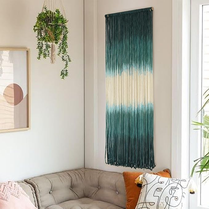 Macrame Wall Hanging Green Boho Handmade Ombre Wall Art Decor for Living Room Bedroom Fiber Art 15''W*43''L