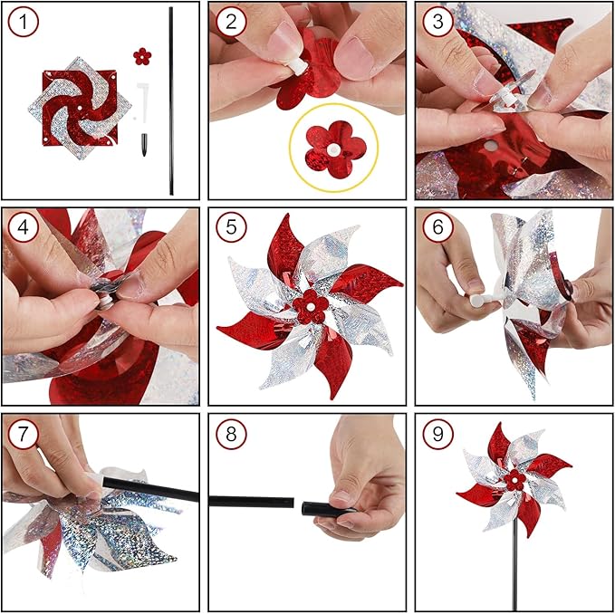 Hausse 10 Pack Reflective Pinwheels, Extra Sparkly Wind Sculptures for Garden Christmas Holiday Winter Decor, Bird Devices Deterrent to Scare Birds Away from Yard Patio Farm, Red & Silver