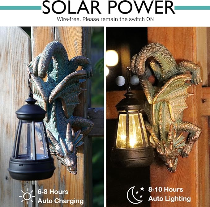 Solar Dragon Tree Hugger Statue Wall Decor - Gothic Garden Statue with Solar Lantern, Outdoor&Yard Decor, Fantasy Dragon Figurine for Trees, Walls, or Fences - Unique for Men & Women