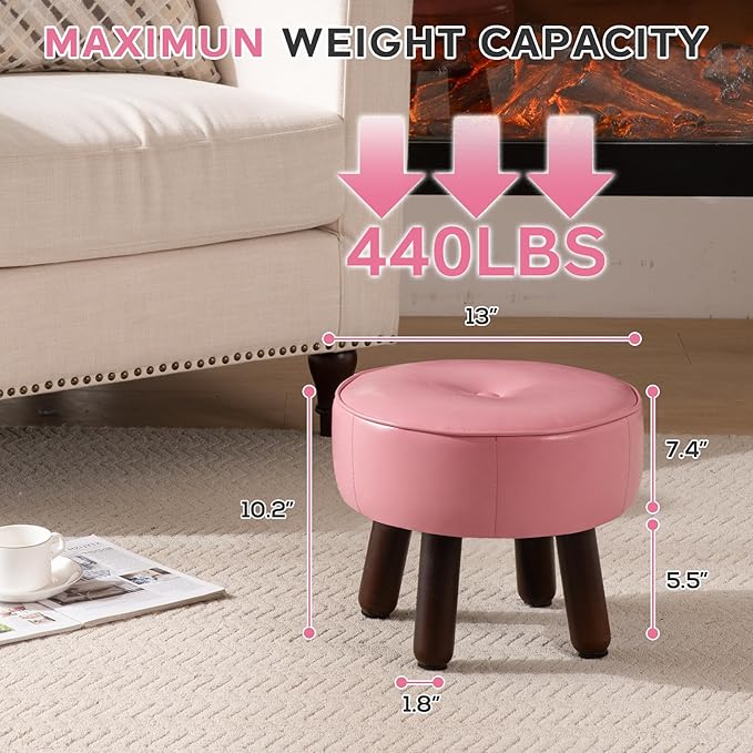 Small Foot Stool Round Pouf Ottoman, 13'' Leather Foot Rest with Non-Skid Rubber Legs, Foolstool Ottomans for Couch, Sofa Footrest Step Stool for Living Room Bedroom Entryway Office, Pink