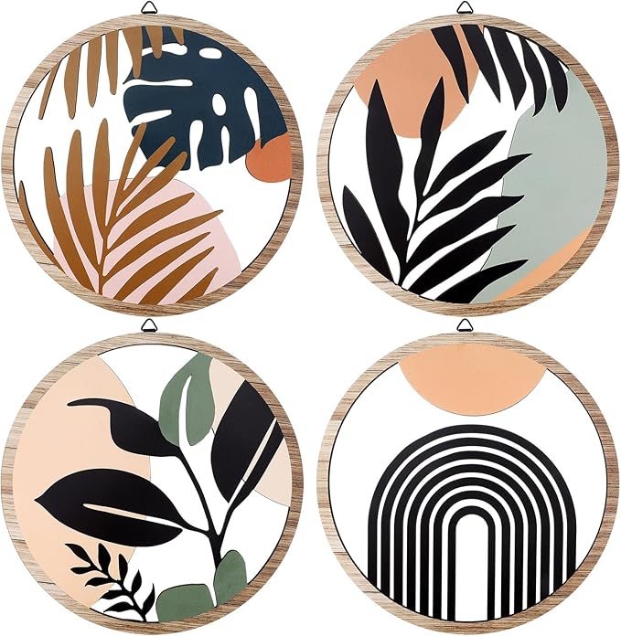 Qunclay 4 Pieces Boho Wall Art Wooden Bohemian Wall Decor Hanging Art Nursery Decor Farmhouse Geometric Hanging 10 Inch Aesthetic Wood Minimalist for Apartment Bedroom(Elegant)