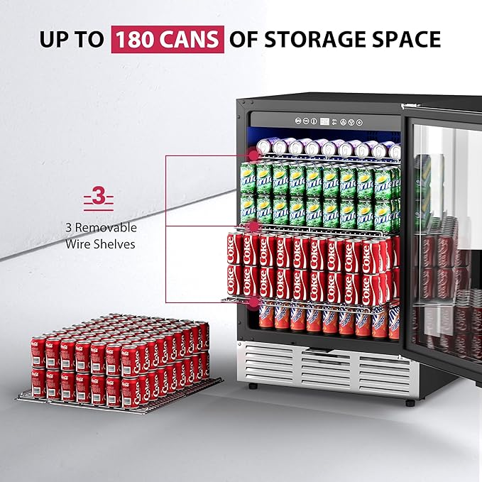24 Inch Beverage Refrigerator, Beverage Cooler 180 Can Built-in Design, Under Counter Beer Fridge with Glass Door for Soda, Wine, Water - For Kitchen, Office or Bar