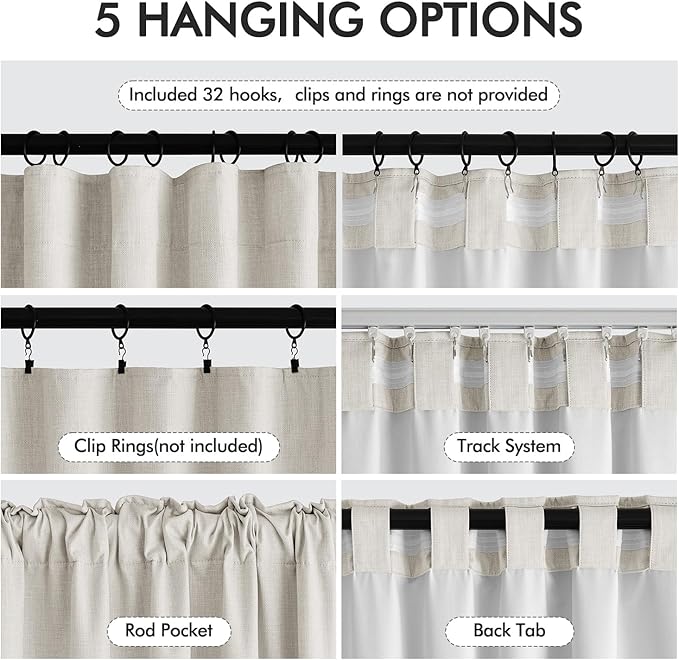 MIULEE 100% Blackout Curtains 120 Inch Long 2 Panels Set for Bedroom, Thick Faux Linen Black Out Curtain Room Darkening Back Tab Pleat Window Textured Drapes with Hooks for Living Room, Light Beige
