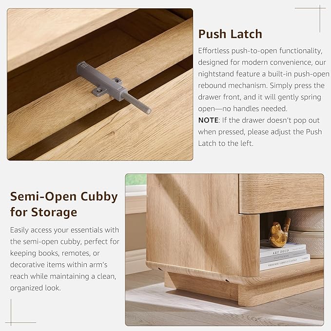 Nightstand Set of 2 with Charging Station, 22" Large Modern Bedside Table with 2 Drawers Storage,Push-to-Open End Table for Bedroom,Living Room,Natural Oak