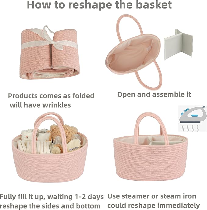 Diaper Caddy Organizer Cotton Rope Baby Basket Nursery Storage and Portable Tote Bag for Car Ideal Baby Shower Gifts and Registry Must-Have for Newborn Essentials coral pink