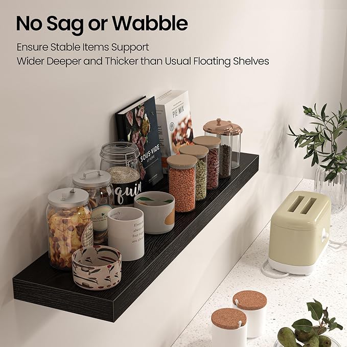 Floating Shelves for Wall, 24" W x 6.7" D x 1.5" H, Wooden Wall Mounted Display Shelves with Invisible Brackets for Living Room, Bedroom, Bathroom, Kitchen Decor and Storage, Set of 2, Black
