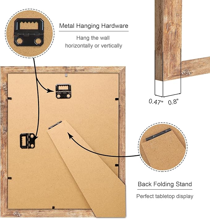 8x10 Picture Frame Set of 4, 8 x 10 Wood Photo Frames with Mat for 5x7, Natural Wooden Frame with Real Glass Cover for Wall and Tabletop Display,Brown