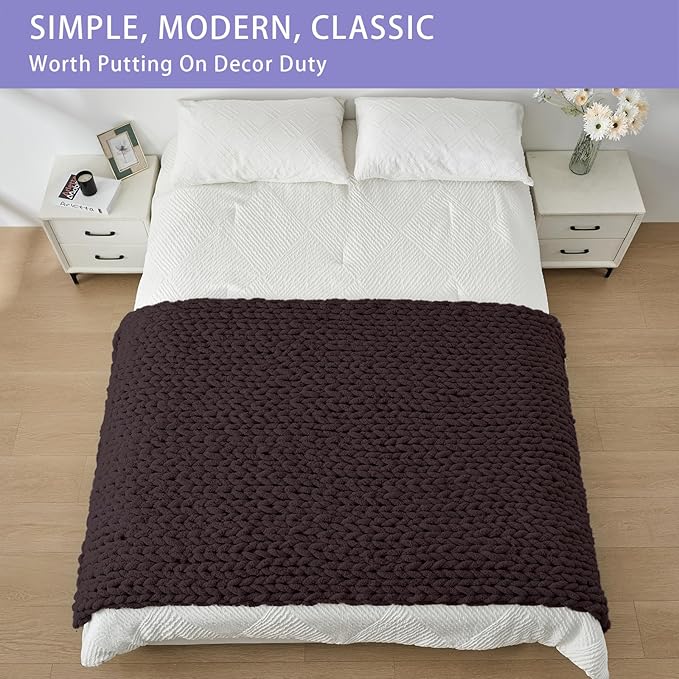 Bigacogo Chunky Knit Throw Blanket for Couch, 40x80 inches, 100% Hand Knitted with Thick Jumbo Chenille Yarn, Cozy Soft Large Rope Knot Cable Crochet Blankets for Sofa Bed Living Room, Chocolate