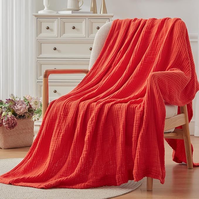 EMME Cotton Throw Blanket - 100% Muslin Soft, Breathable Gauze - All Season, Lightweight - Pre-Washed - Orange Rust, 50"x70"