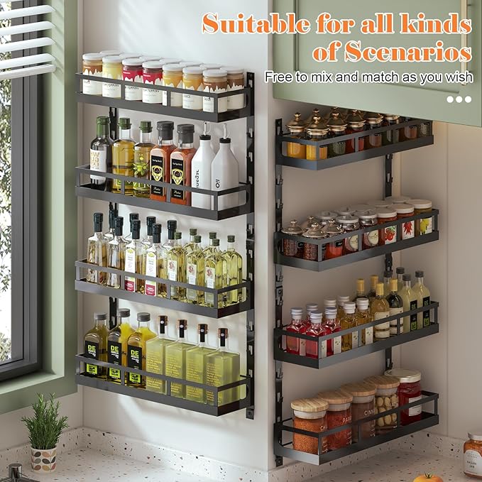 X-cosrack 8-Tier Adjustable Spice Rack – Wall-Mounted Space-Saving Organizer with Mixed Baskets, Large-Capacity Seasoning Holder for Kitchen & Pantry (Black)