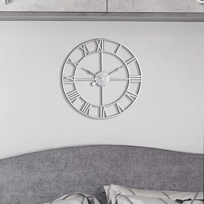 LEIKE 18.5" Modern Large Wall Clocks,Vintage, Round,Silent Non Ticking,Battery Operated,Silver Metal Roman Numerals Clock for Living Room/Bedroom/Kitchen Decor