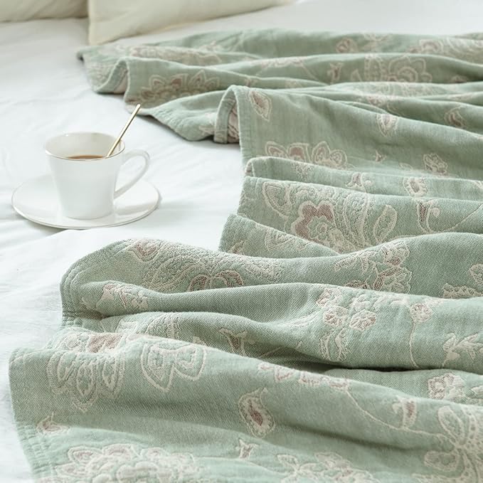 jinchan Boho 100% Cotton Muslin Twin Size 60x80 Inches Blanket Lightweight 4-Layer Quilted Soft Green and Beige Floral Throw Blanket Reversible Comfy Flower Breathable All Seasons Couch Bedroom Decor