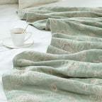 jinchan Boho 100% Cotton Muslin Twin Size 60x80 Inches Blanket Lightweight 4-Layer Quilted Soft Green and Beige Floral Throw Blanket Reversible Comfy Flower Breathable All Seasons Couch Bedroom Decor