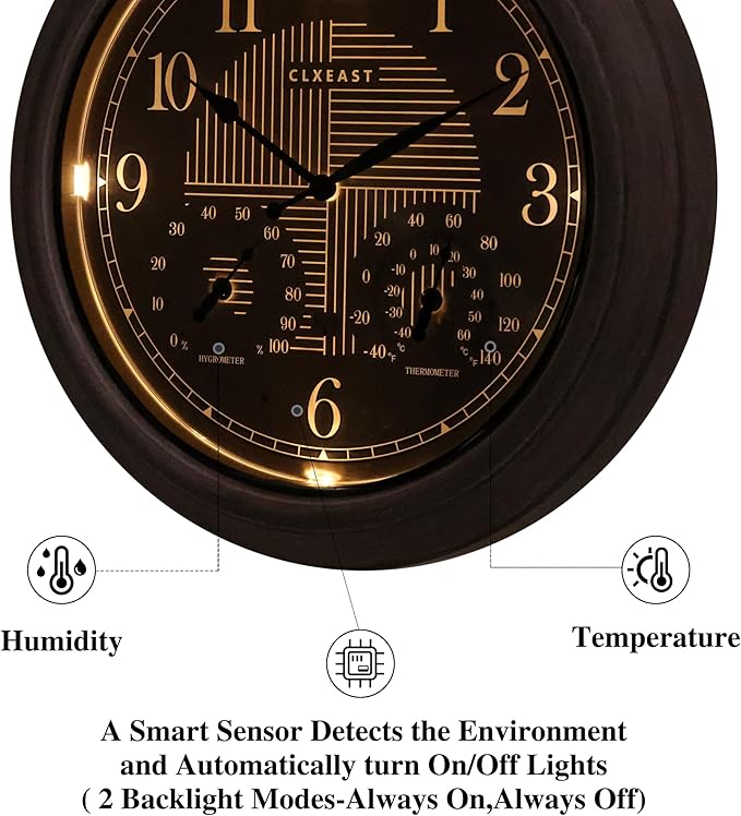 CLXEAST 18 Inch Farmhouse Illuminated Outdoor Atomic Wall Clock with Thermometer & Hygrometer Combo, Night Lighted Wall Clock with Smart Sensor, Weather Stations,Brushed Grey Oak Finish