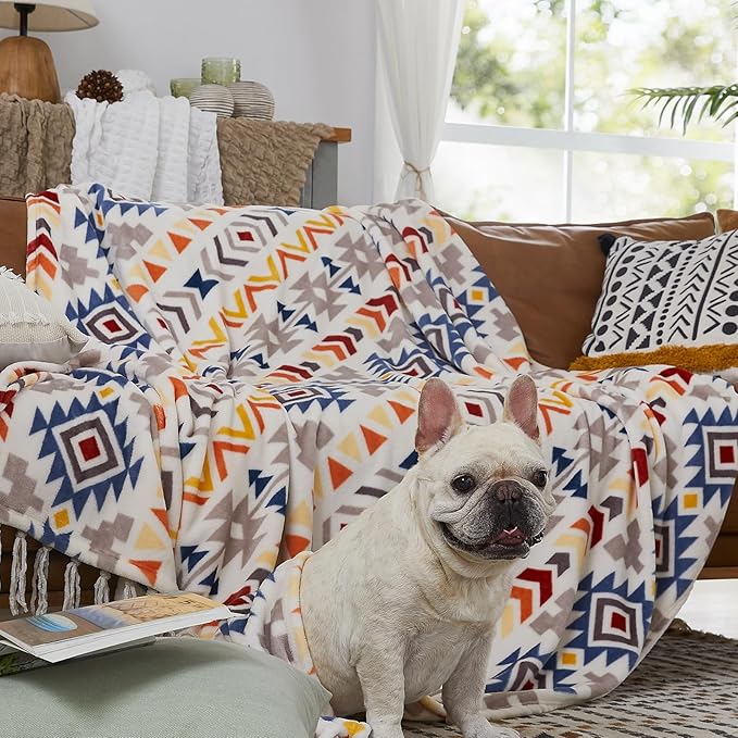 CASAAGUSTO Boho Throw Blanket - Colorful Decorative Blankets with Tassel, Printed Flannel Bohemian Blanket for Chair, Bed, Sofa, Couch(60 * 80, Colorful)