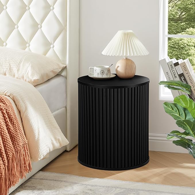 AVZEAR Fluted Round Side Table with Storage, Small Mid Century End Table Fluted Nightstands, Modern Circle Bedside Tables Wood Night Stand for Small Spaces, Living Room, Bedroom (Black)