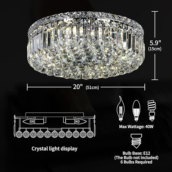6-Lights Crystal Flush Mount Chandelier Light Fixture with K9 Crystals Modern Ceiling Lights Elegant Pendant Lamp for Bedroom,Hallway,Bar,Living Room,Dining Room,H5.9 xW20 (Bulbs Not Included)