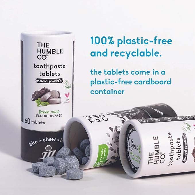 The Humble Co. Charcoal Powder Toothpaste Tablets Fluoride-Free, 3pk - Anticavity, Fluoride Free Toothpaste Dental Tablets with Natural Ingredients, Dentist Developed Formula (Charcoal, 3 Pk)