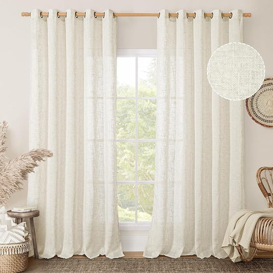 LAMIT Natural Linen Curtains 84 Inches Long for Living Room, Bronze Grommet Cream Ivory Light Filtering Window Treatments Semi Sheer Neutral Drapes for Bedroom, 60 x 84 Inch 2 Panels Set