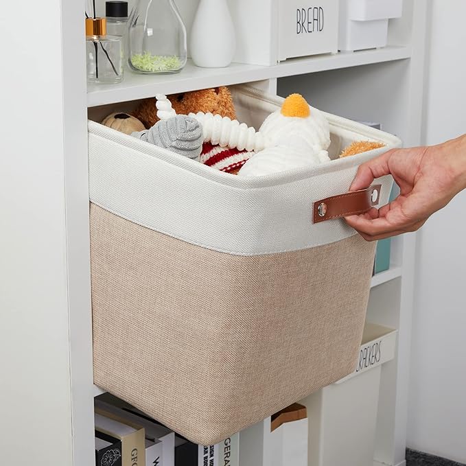 DULLEMELO Fabric Storage Cubes,13 inch Cube Stroage Bins for Empty Gift Basket,Toy Nursery Storage Linen Closet Organizers and Storage Baskets Shelves Bins(White&Khaki)