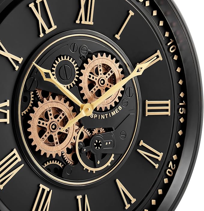 CLXEAST 24 Inch Wall Clock with Moving Gears, Black Gold Roman Numeral Wall Clocks for Modern Farmhouse Living Room Decor,House Warming Gifts New Home