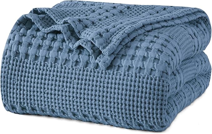 PHF 100% Cotton Waffle Weave Blanket Queen Size, Soft Lightweight Breathable Cozy Summer Blankets for Bed, Luxury Aesthetic Woven Bedding for Home Decor, 90"x90", Captain's Blue