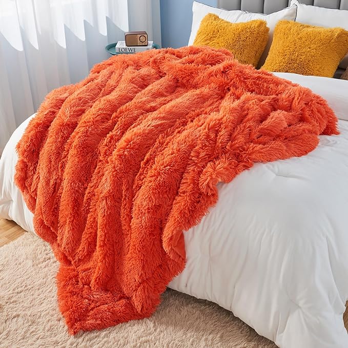 GONAAP Fuzzy Faux Fur Throw Blanket Orange Super Soft Cozy Plush Fuzzy Shaggy Blanket for Couch Sofa Bed (Orange, Throw(50"x60"))