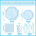 175 Pcs Blue Gingham Plates and Napkins Party Supplies - Blue and White Checkered Plates Sets Serve 25 Guests - Scalloped Gingham Paper Plate for Birthday Dinner Wedding Baby Shower Party Decorations