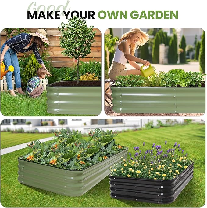 5-in-1 Adjustable Raised Garden Bed Kit | Galvanized Planter Boxes for Vegetables, Flowers | 12" Tall, Multiple Sizes (8x3x1ft, 9x2x1ft, 10x1x1ft, 6x5x1ft, 7x4x1ft) | Outdoor Metal Raised Bed, Green