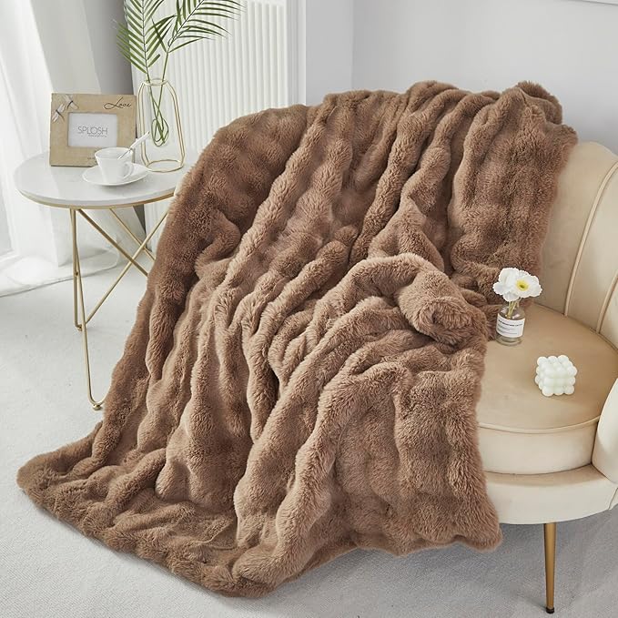 RYNGHIPY Faux Rabbit Fur Throw Blanket Ruched Plush Fuzzy Blanket for Couch Bed Sofa Heavy Warm Comfy Throws for Living Room Bedroom Machine Washable (Solid Brown, 63''x79'')
