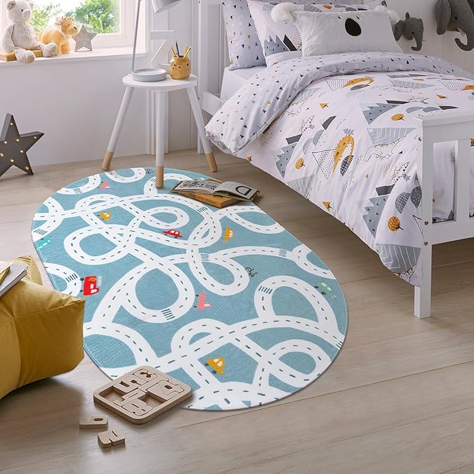 STARUIA Small Road Rug for Kids Room, 3'x5' Washable Kids Play Rug for Baby Nursery, Non-Slip Car Rugs for Playroom, Kid Play Mat Blue Traffic Carpet for Boys Girls Dorm Toy Room Tent