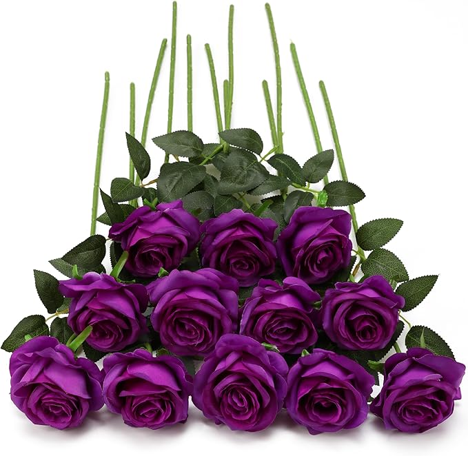 Purple Fake Roses Artificial Flowers - 10 Pcs Fake Artificial Roses Silk Flowers with Stems for Home Wedding Hotel Office Centerpiece Decor