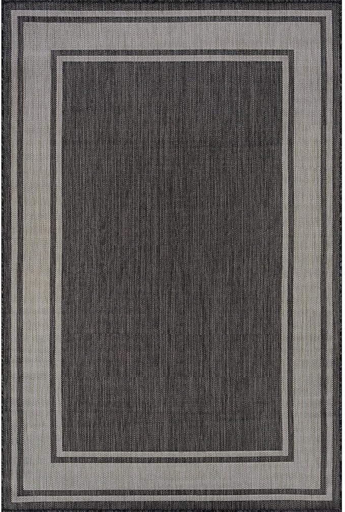 Beverly Rug Outdoor Rug 8x10 Modern Bordered Area Rugs for Indoor and Outdoor Patio Deck Porch Garden Waterproof Weather Sun Resistant Washable Outside Carpet (8 x 10 Dark Gray)
