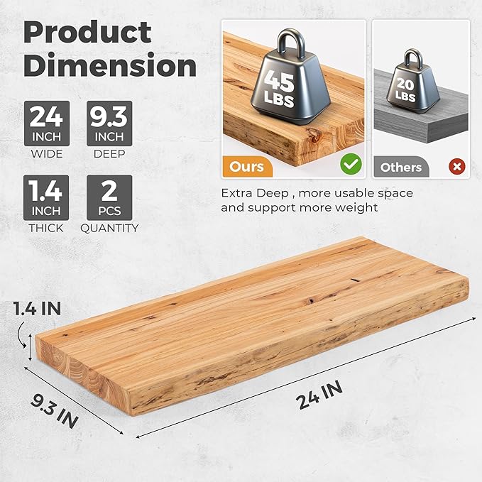 RICHFOCUS Live Edge Elm Floating Shelves - 24" W x 9.3" D Rustic Solid Wood Wall Shelves with Invisible Bracket, Wall-Mounted for Living Room, Bedroom, Kitchen Storage & Display, Set of 2, Natural