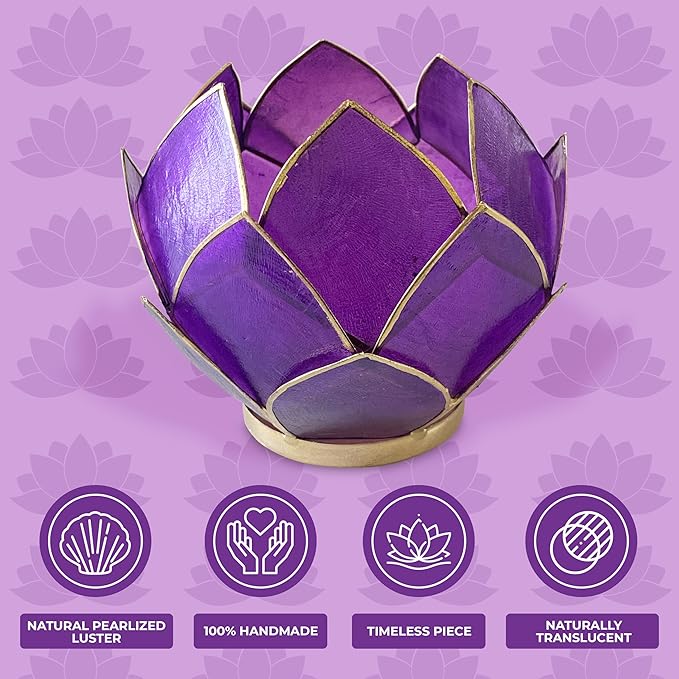 Blooming Lotus Capiz Shell Tealight Candle Holder, Handcrafted Decorative Tea Light Candleholder with Translucent Flower Petals for Ambient Illumination and Natural Elegance, Purple