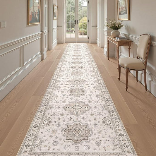 Washable 3x20 Runner Rug - Area Rugs Neutral Vintage Distressed Floral Farmhouse Boho Large Soft Floor Rug Indoor Carpet for Hallway Entryway Home - Beige Brown