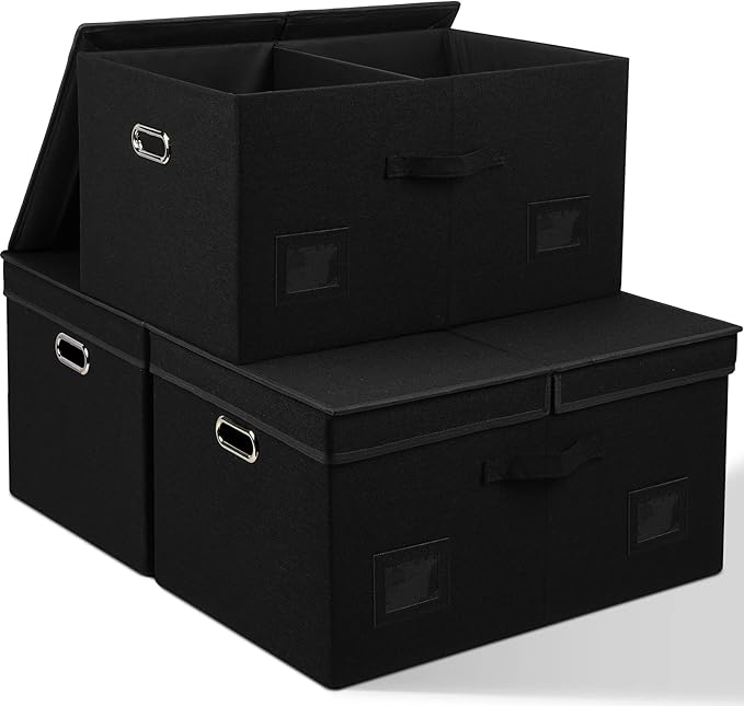 75 Quarts Extra Large Decorative Storage Bins with Lids, 3 Packs Black Collapsible Storage Bins with Lids, Stackable Storage Bins Decorative Box Storage With Lid Extra Large