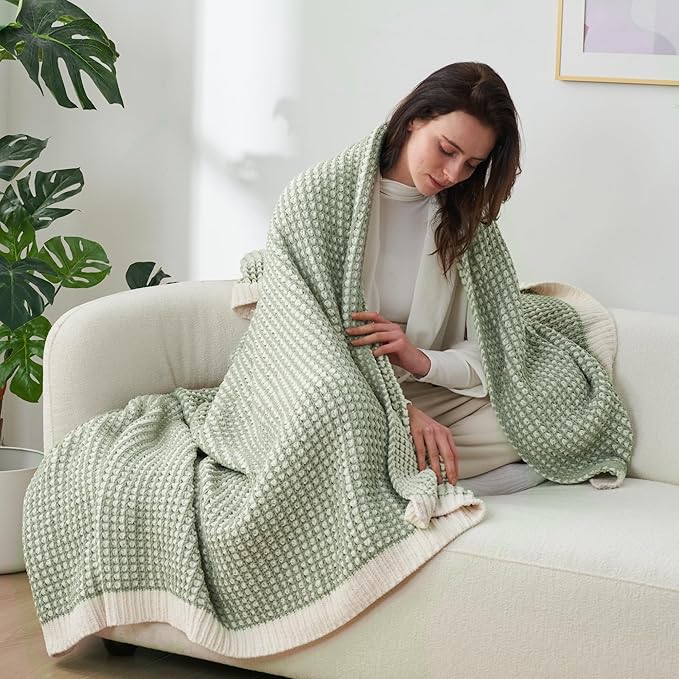 Amélie Home Chenille Waffle Throw Blanket for Couch, Reversible Pineapple Stitch Knit Soft Cozy Knit Blanket Lightweight Warm Decorative Throw for Sofa, Bed, Living Room, 60 * 80", Sage Green&Ivory