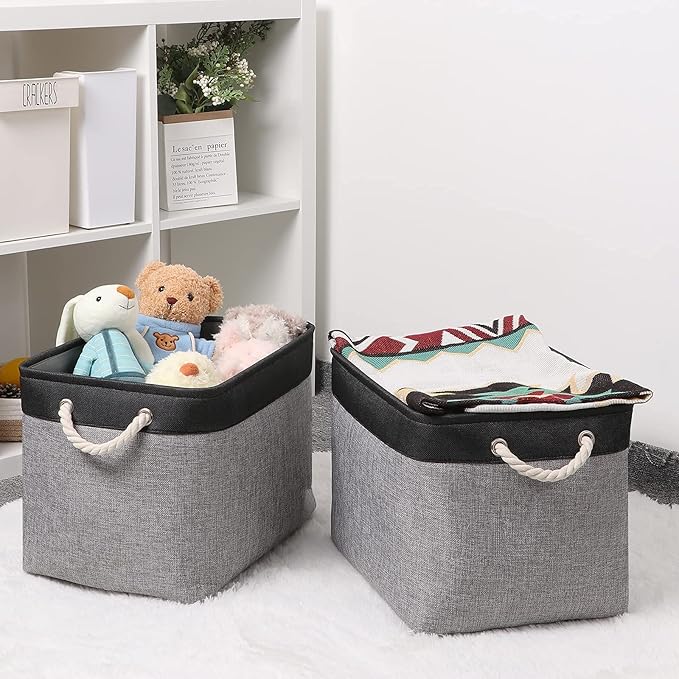 Bidtakay Fabric Storage Baskets with Handles [2-Pack] Large Canvas Organizer 16" X 11.8" X 11.8" Foldable Tall Baskets Rectangular Gift Basket Decorative Storage Bins for Closet, Home(Black&Grey)